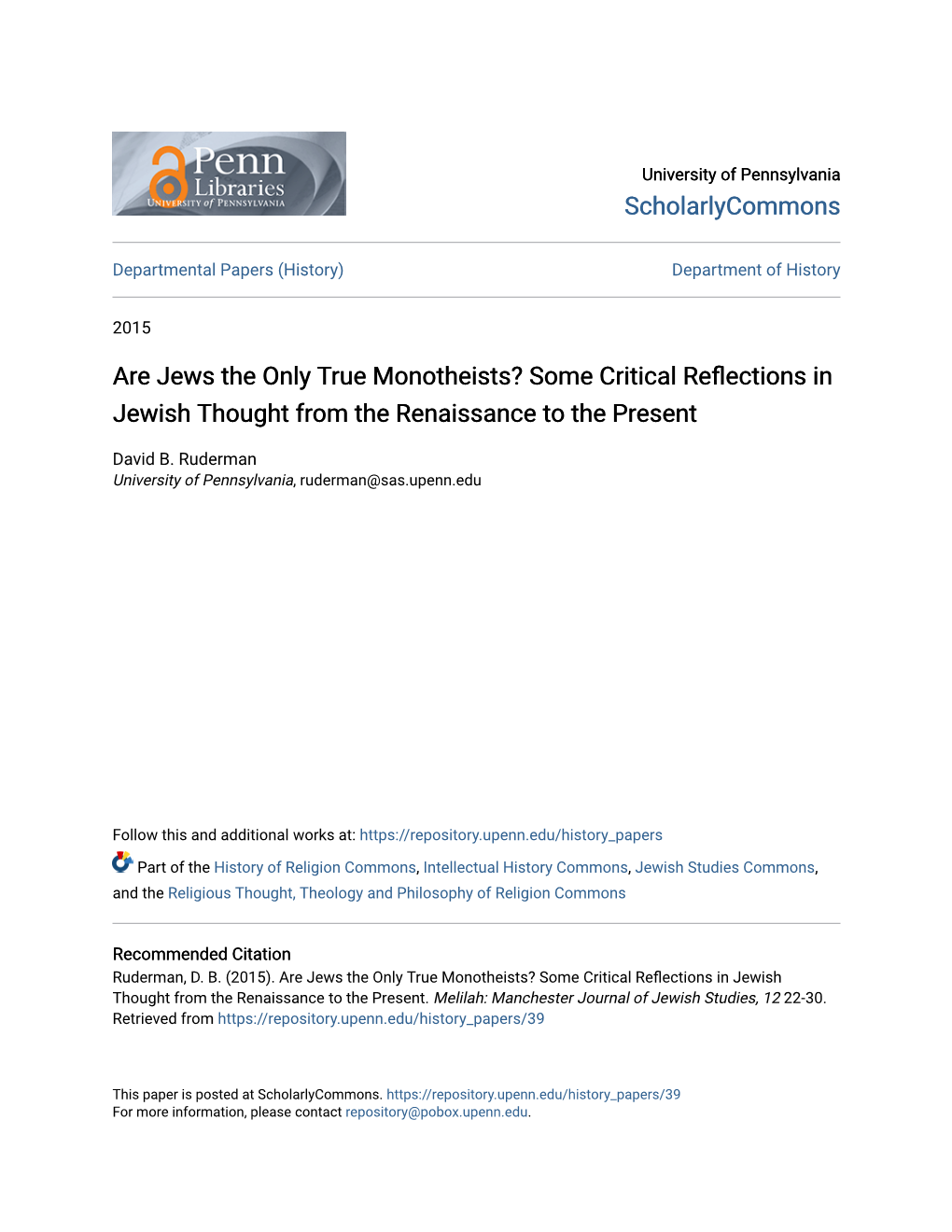 Are Jews the Only True Monotheists? Some Critical Reflections in Jewish Thought from the Renaissance to the Present