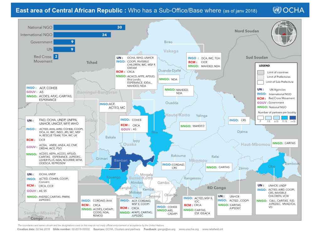 East Area of Central African Republic : Who Has a Sub-Office/Base Where (As of Janv 2018)