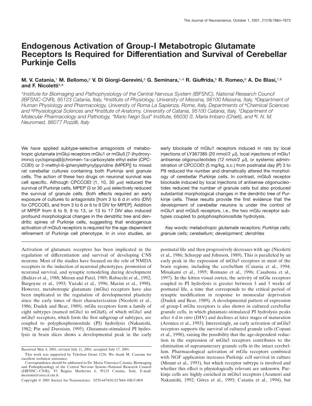 Endogenous Activation of Group-I Metabotropic Glutamate Receptors Is Required for Differentiation and Survival of Cerebellar Purkinje Cells