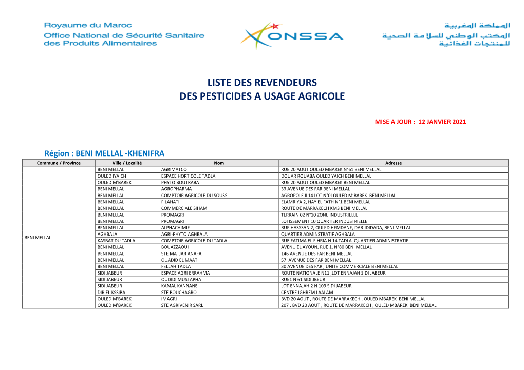 Liste Des Revendeurs Des Pesticides a Usage Agricole