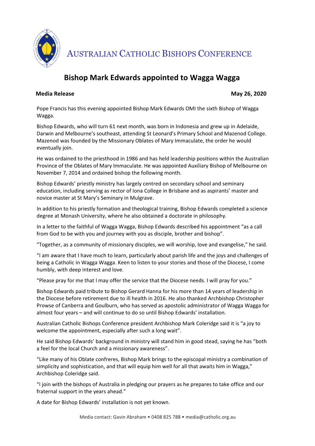 Bishop Mark Edwards Appointed to Wagga Wagga