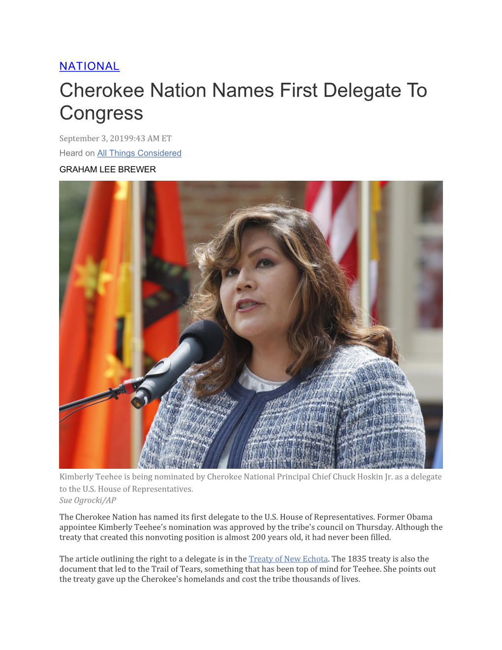 Cherokee Nation Sends Delegate to Congress