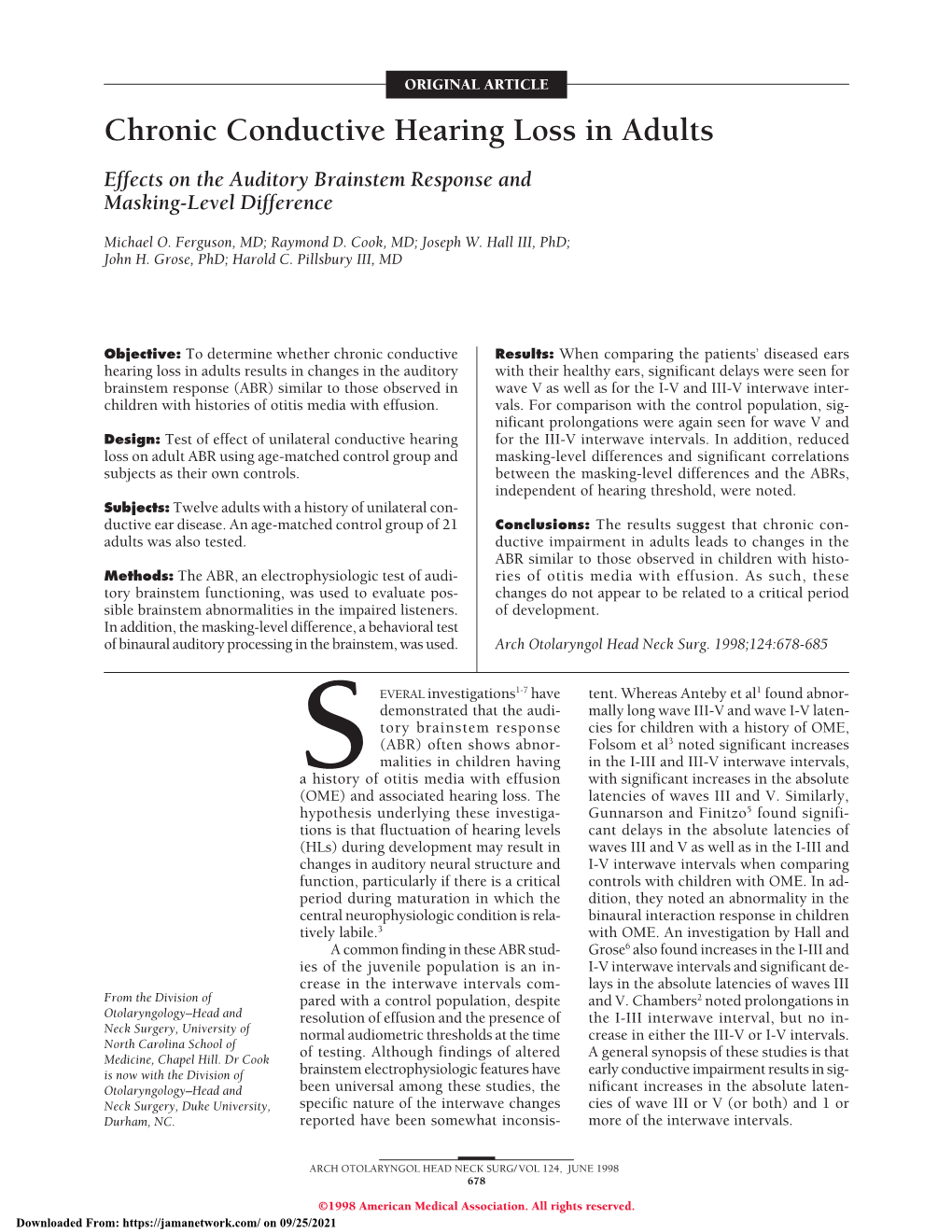 Chronic Conductive Hearing Loss in Adults Effects on the Auditory Brainstem Response and Masking-Level Difference