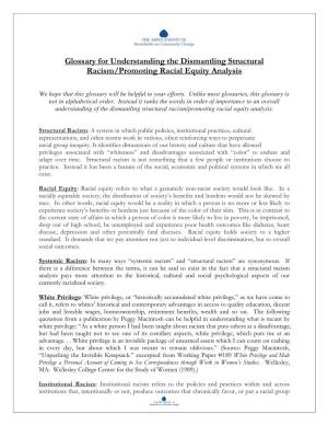Glossary for Understanding the Dismantling Structural Racism/Promoting Racial Equity Analysis