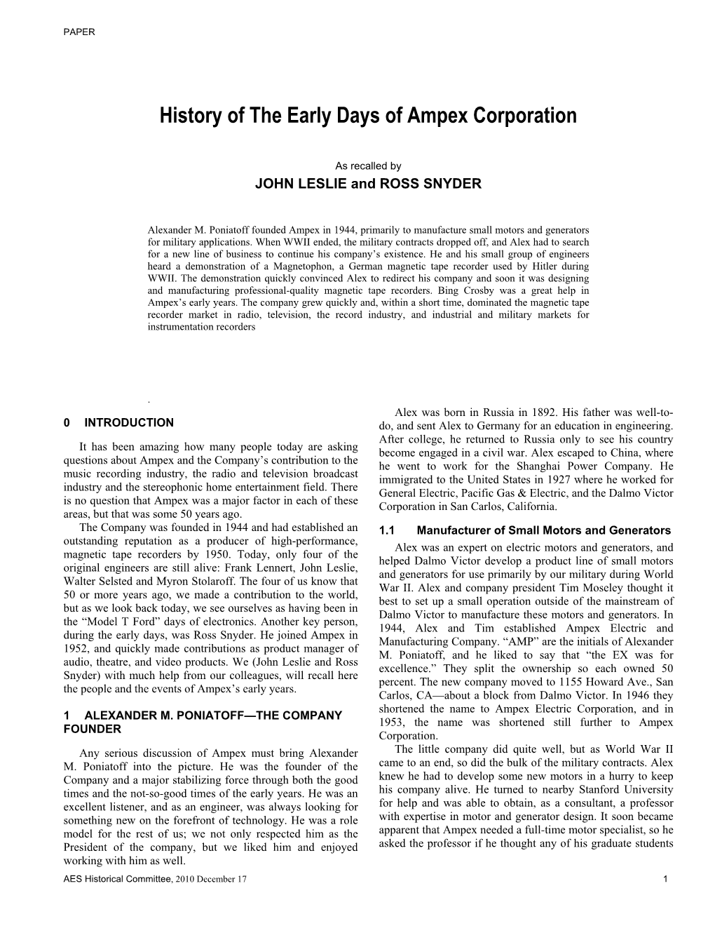 History of the Early Days of Ampex Corporation