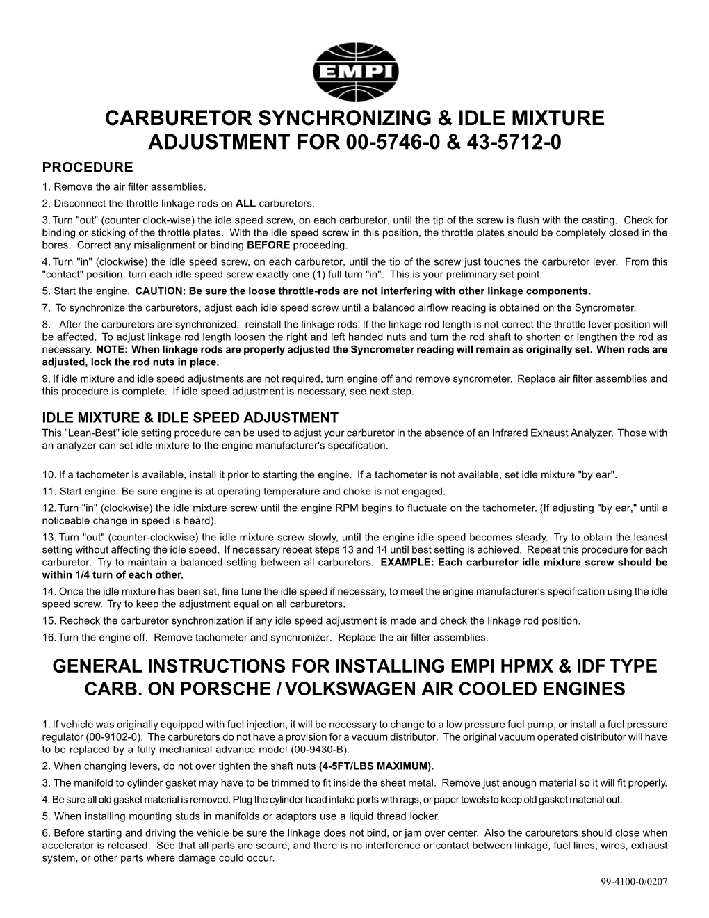 Carburetor Synchronizing & Idle Mixture Adjustment