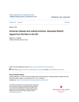 American Liberals and Judicial Activism: Alexander Bickel's Appeal from the New to the Old