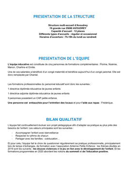 Presentation De La Structure Presentation De L'equipe