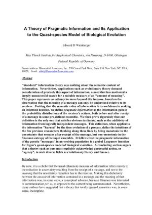 A Theory of Pragmatic Information and Its Application to the Quasi-Species Model of Biological Evolution