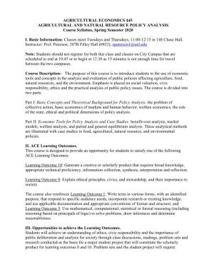 AGRICULTURAL ECONOMICS 445 AGRICULTURAL and NATURAL RESOURCE POLICY ANALYSIS Course Syllabus, Spring Semester 2020