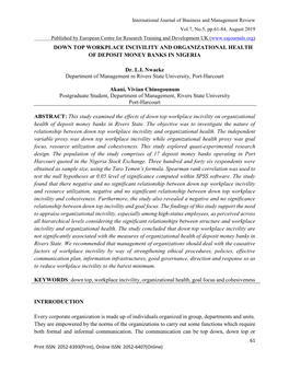 Down Top Workplace Incivility and Organizational Health of Deposit Money Banks in Nigeria