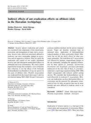 Indirect Effects of Ant Eradication Efforts on Offshore Islets in the Hawaiian Archipelago