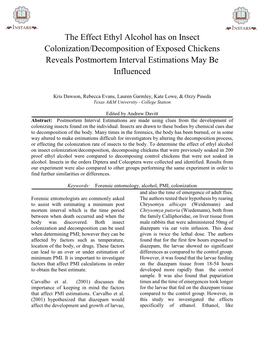 The Effect Ethyl Alcohol Has on Insect Colonization/Decomposition of Exposed Chickens Reveals Postmortem Interval Estimations May Be Influenced