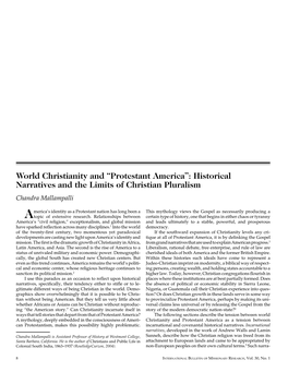 World Christianity and “Protestant America”: Historical Narratives and the Limits of Christian Pluralism Chandra Mallampalli