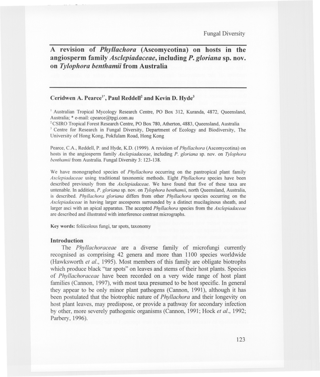 A Revision of Phyllachora (Ascomycotina) on Hosts in the Angiosperm Family Asclepiadaceae, Including P