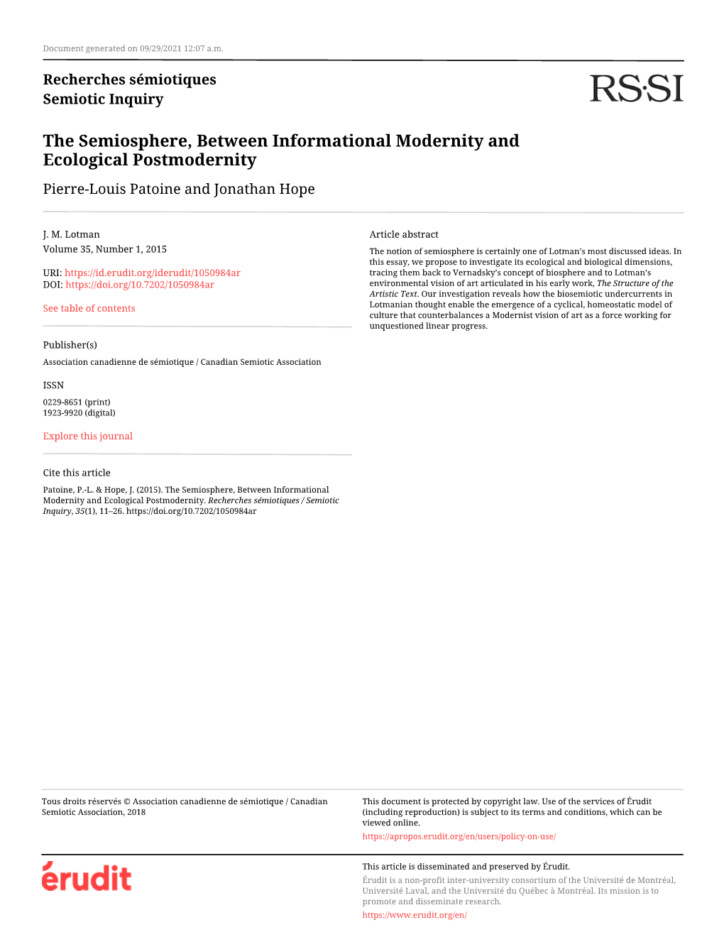 The Semiosphere, Between Informational Modernity and Ecological Postmodernity Pierre-Louis Patoine and Jonathan Hope