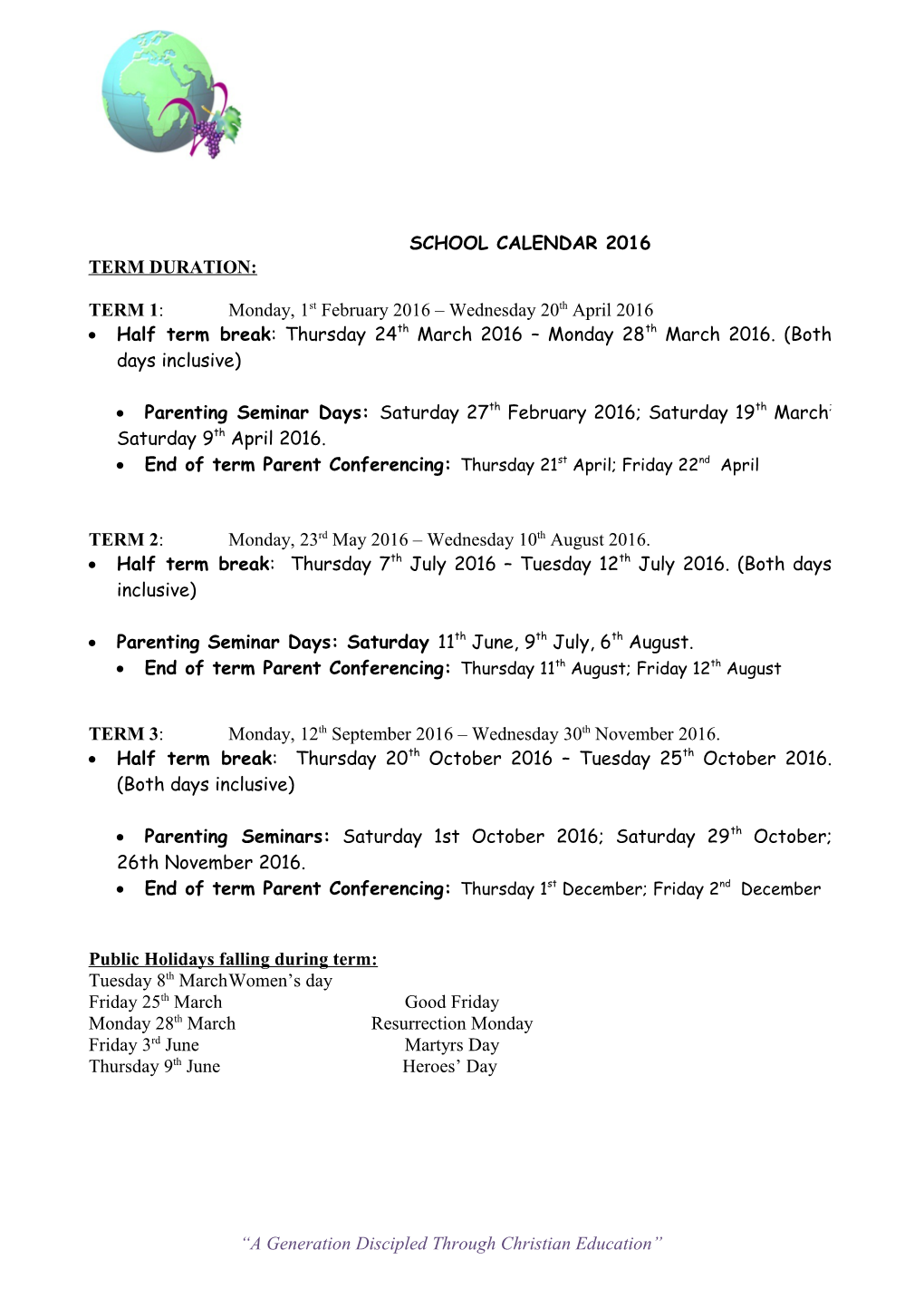 School Calendar 2016 Term Duration