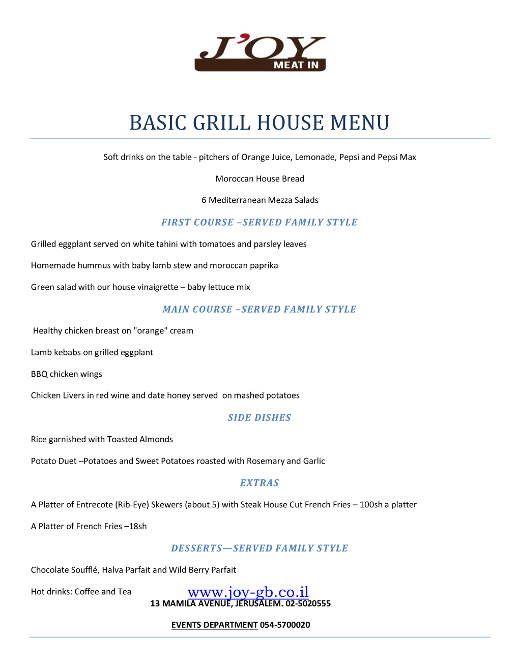 Basic Grill House Menu