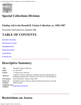 Donald R. Farkas Collection - Finding Aid - the Newark Public Library