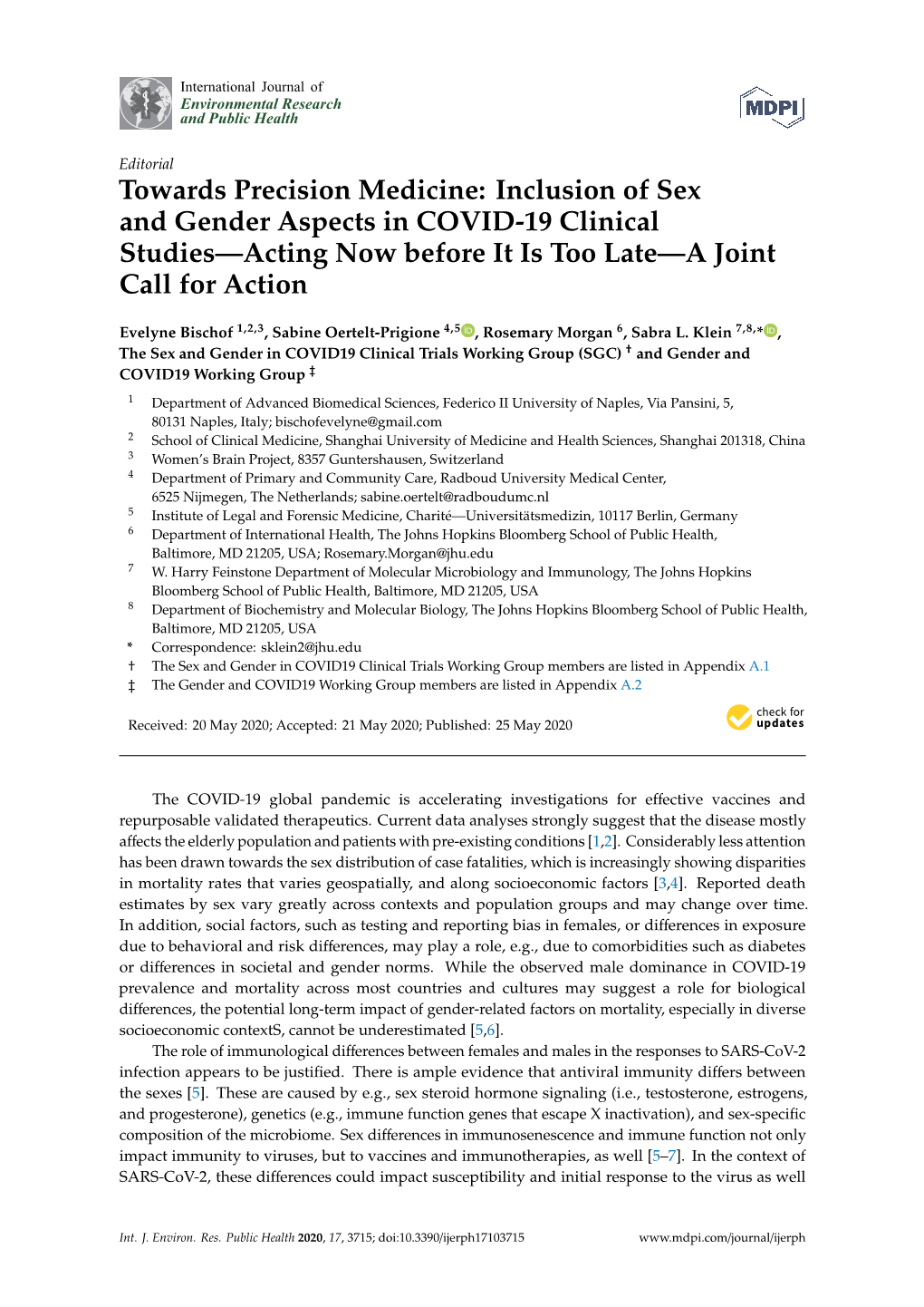 Inclusion of Sex and Gender Aspects in COVID-19 Clinical Studies—Acting Now Before It Is Too Late—A Joint Call for Action