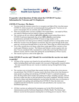 Frequently Asked Questions (Faqs) About the COVID-19 Vaccine- Information for Veterans and VA Employees