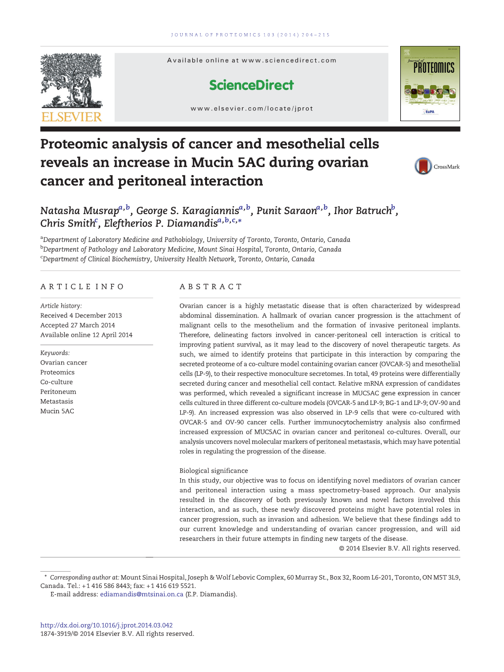 Proteomic Analysis of Cancer and Mesothelial Cells Reveals an Increase in Mucin 5AC During Ovarian Cancer and Peritoneal Interaction