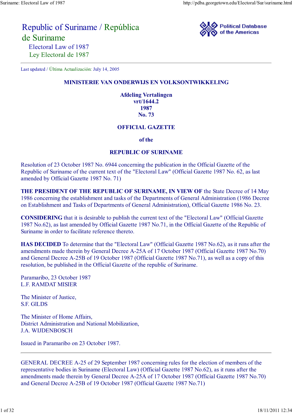 Republic of Suriname / República De Suriname Electoral Law of 1987 Ley Electoral De 1987