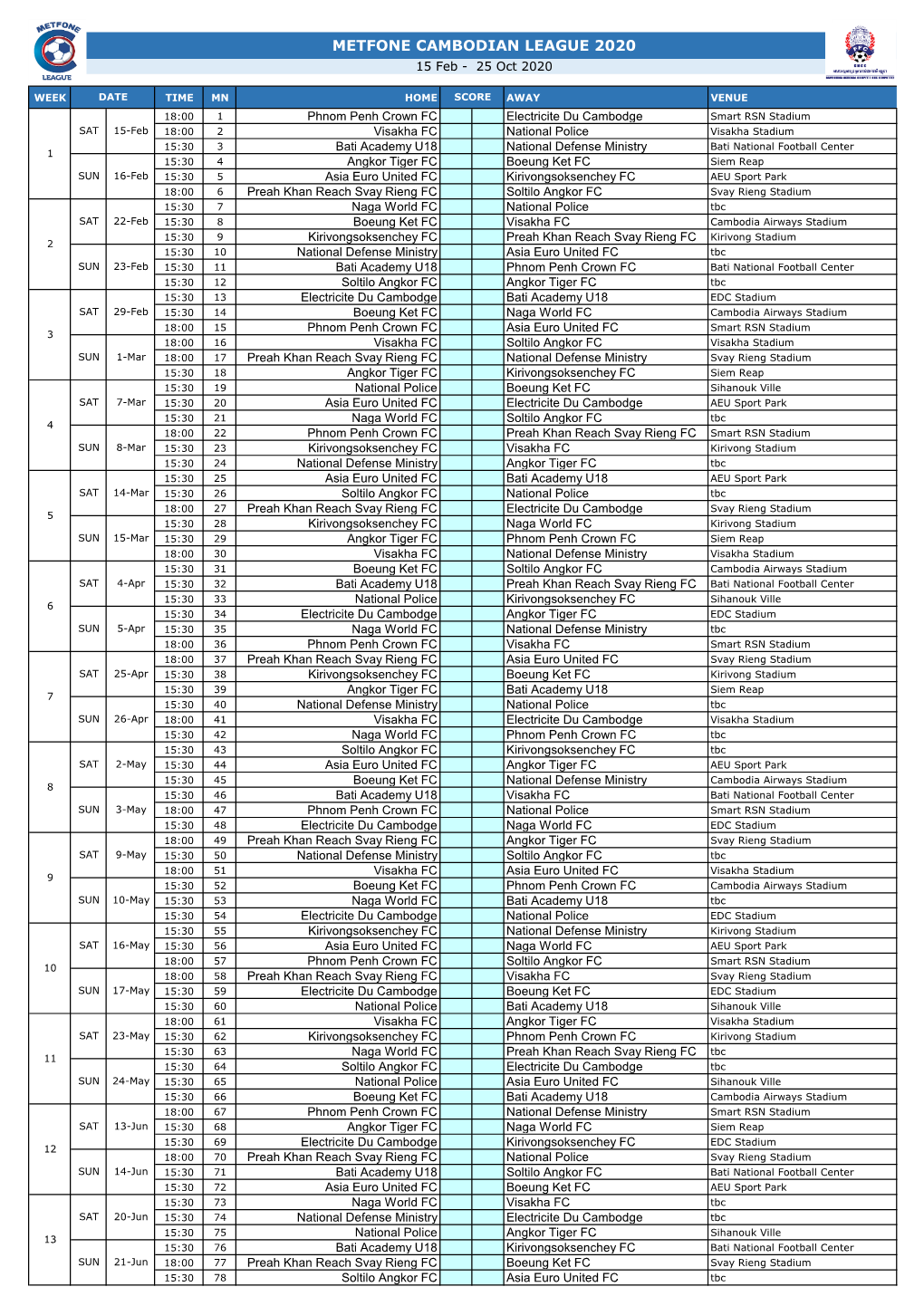 METFONE CAMBODIAN LEAGUE 2020 15 Feb - 25 Oct 2020