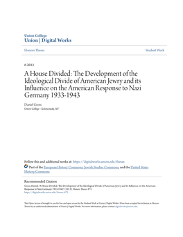 The Development of the Ideological Divide of American Jewry and Its Influence on the American Response to Nazi Germany, 1933-1943