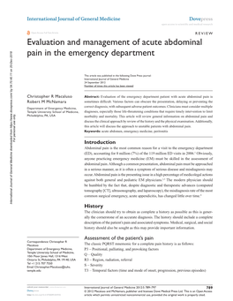Evaluation and Management of Acute Abdominal Pain in the Emergency Department