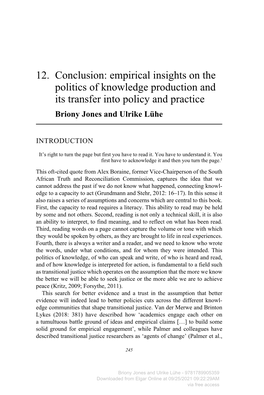 12. Conclusion: Empirical Insights on the Politics of Knowledge Production and Its Transfer Into Policy and Practice Briony Jones and Ulrike Lühe