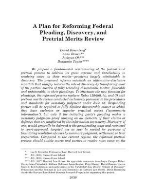 A Plan for Reforming Federal Pleading, Discovery, and Pretrial Merits Review
