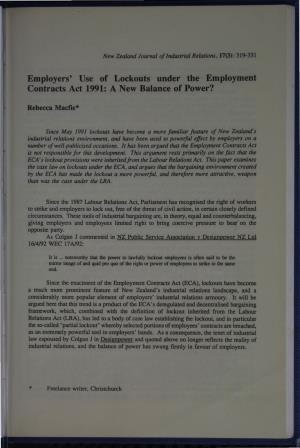 Employers' Use of Lockouts Under the Employment Contracts Act 1991: a New Balan ~Ce of Power?