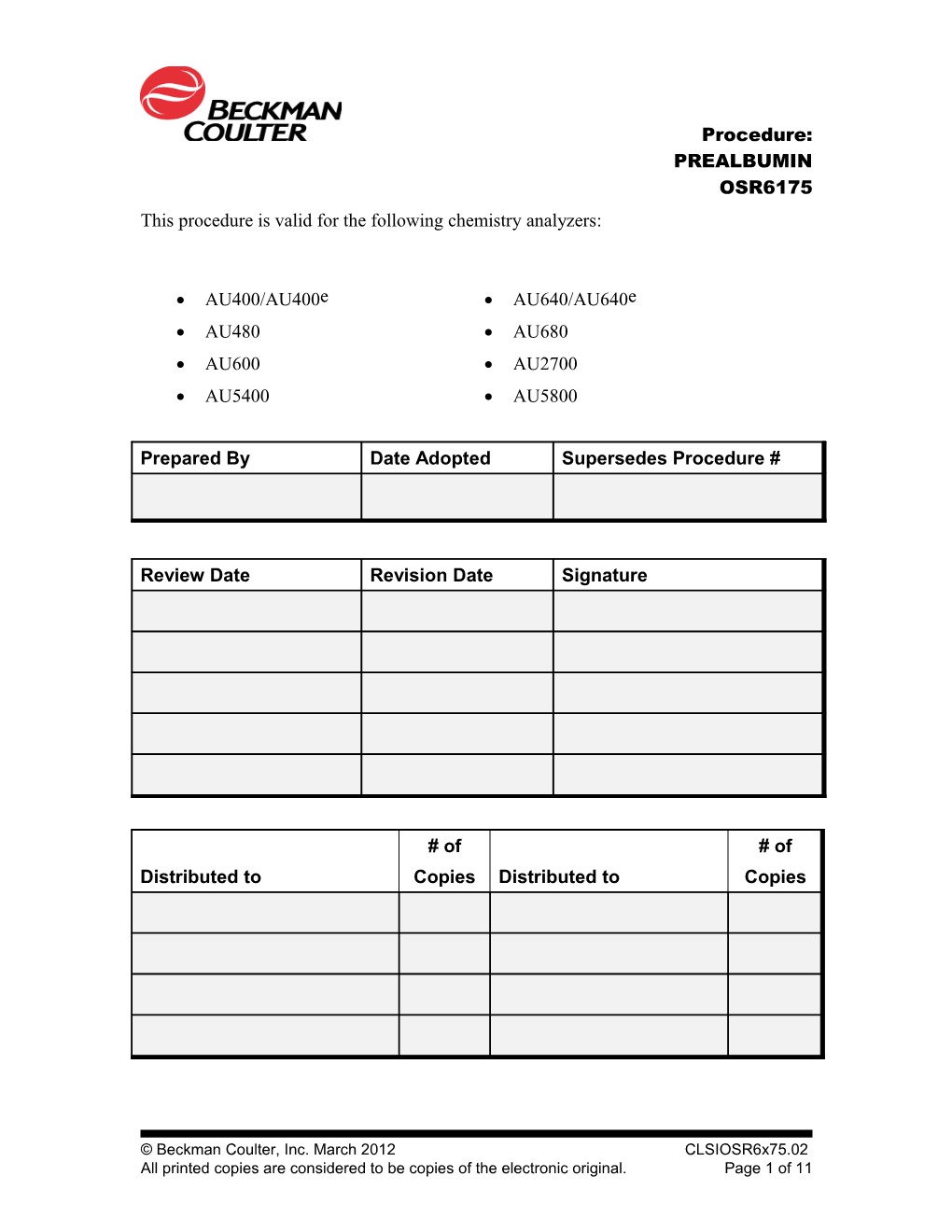 This Procedure Is Valid for the Following Chemistry Analyzers s6