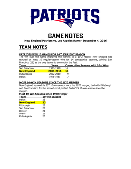 Patriots at Philadelphia Game Notes