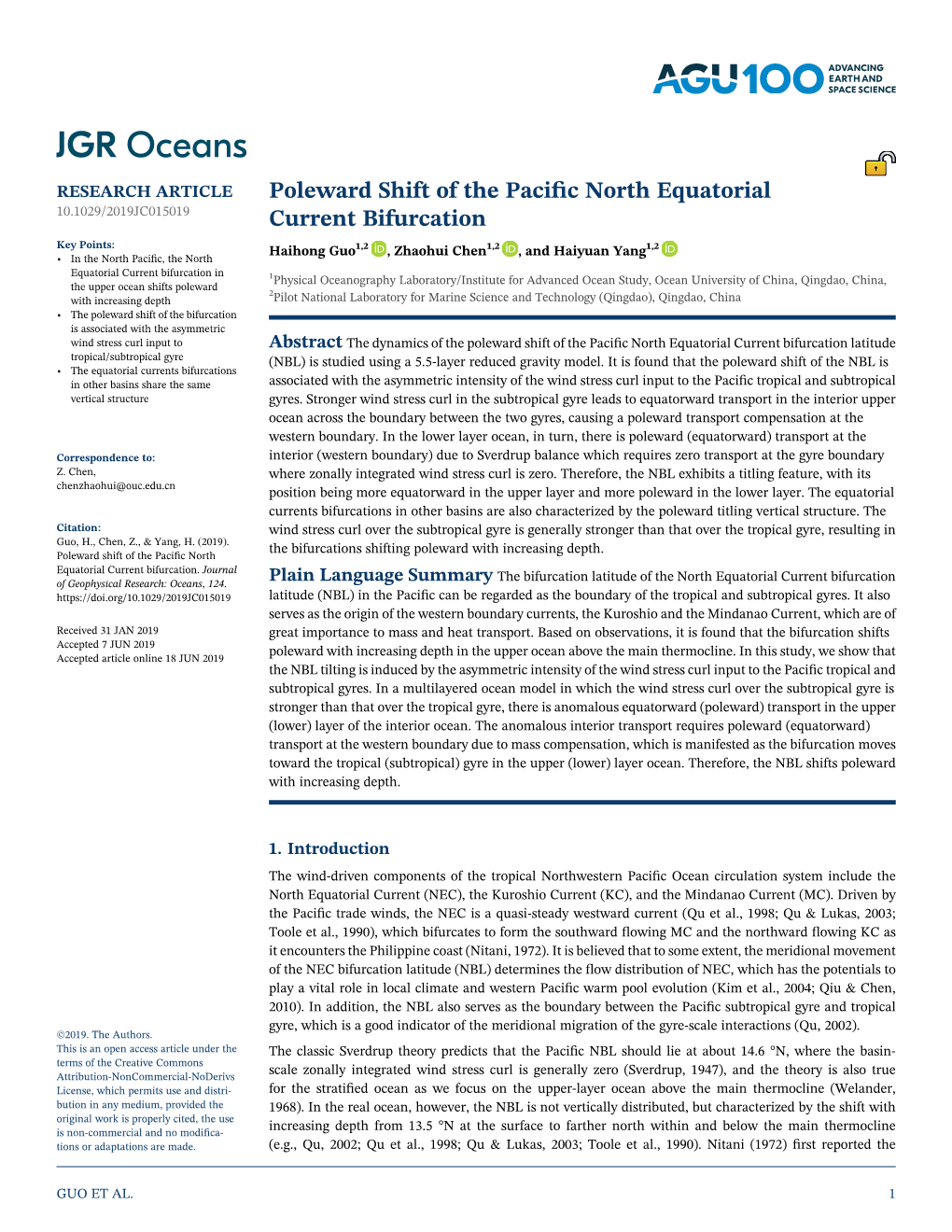 Poleward Shift of the Pacific North Equatorial Current Bifurcation