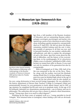 In Memoriam Igor Semenovich Kon (1928–2011) P