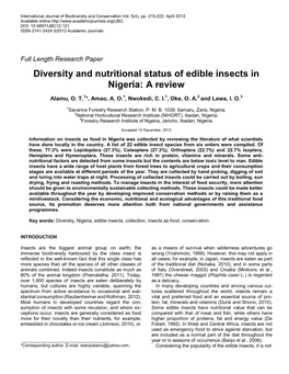 Diversity and Nutritional Status of Edible Insects in Nigeria: a Review