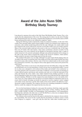 Award of the John Nunn 50Th Birthday Study Tourney