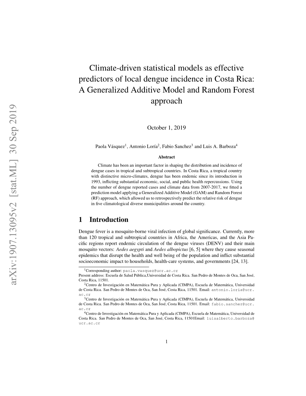 Climate-Driven Statistical Models As Effective Predictors of Local Dengue Incidence in Costa Rica: a Generalized Additive Model and Random Forest Approach