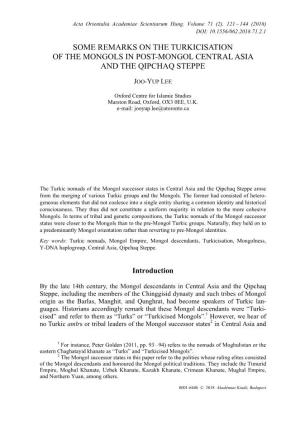 Some Remarks on the Turkicisation of the Mongols in Post-Mongol Central Asia and the Qipchaq Steppe