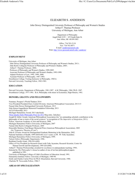 Elizabeth Anderson's Vita File:///C:/Users/Liz/Documents/Pub/Liz%20Webpages/Vita.Htm