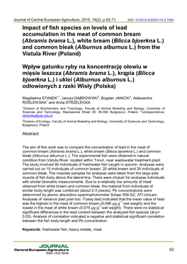Impact of Fish Species on Levels of Lead Accumulation in the Meat of Common Bream (Abramis Brama L.), White Bream (Blicca Bjoerk