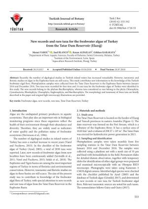 New Records and Rare Taxa for the Freshwater Algae of Turkey from the Tatar Dam Reservoir (Elazığ)