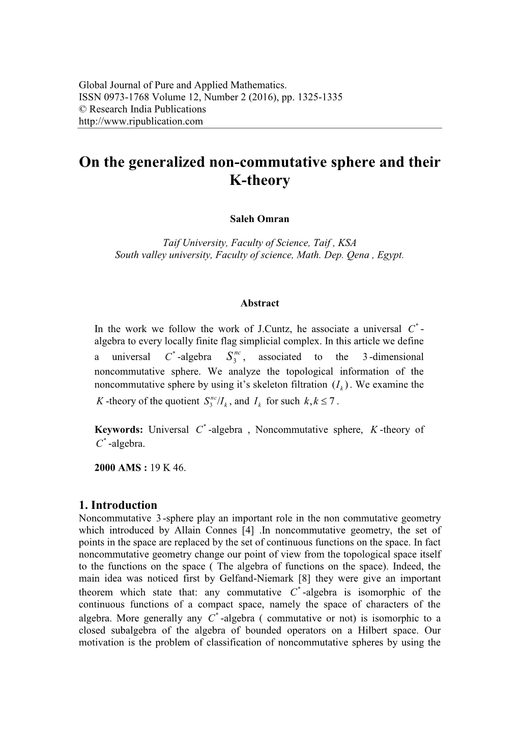 On the Generalized Non-Commutative Sphere and Their K-Theory