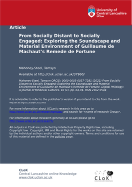 Article from Socially Distant to Socially Engaged: Exploring the Soundscape and Material Environment of Guillaume De Machaut’S Remede De Fortune