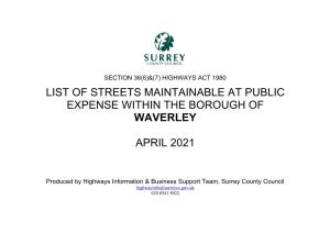 List of Streets Maintainable at Public Expense Within the Borough of Waverley
