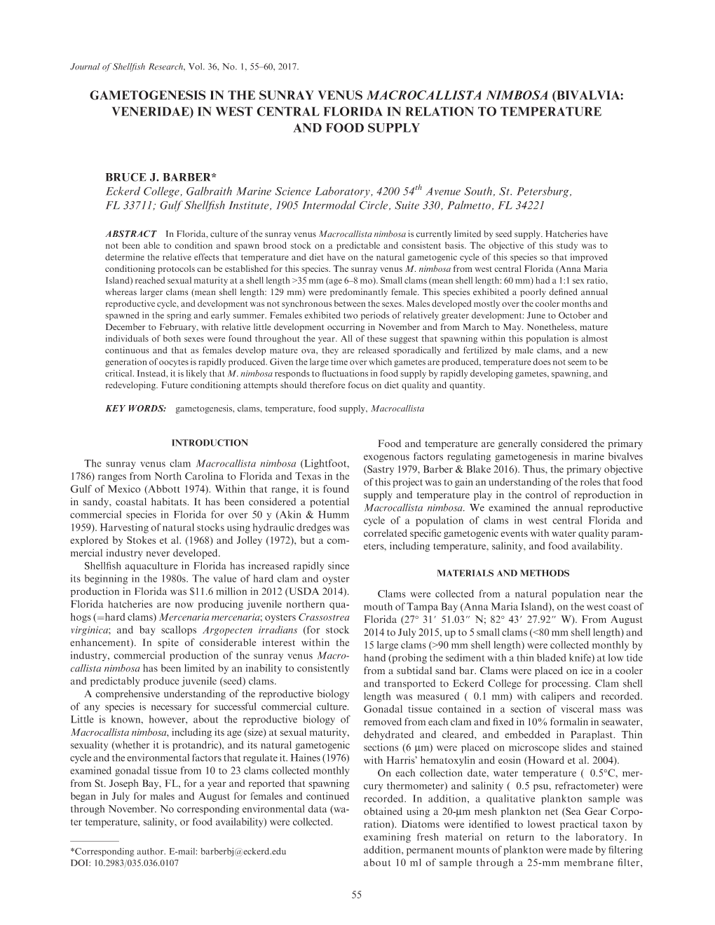 Gametogenesis in the Sunray Venus Macrocallista Nimbosa (Bivalvia: Veneridae) in West Central Florida in Relation to Temperature and Food Supply