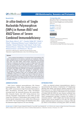 In Silico Analysis of Single Nucleotide Polymorphism (Snps) in Human RAG1 and RAG2 Genes of Severe Combined Immunodeficiency
