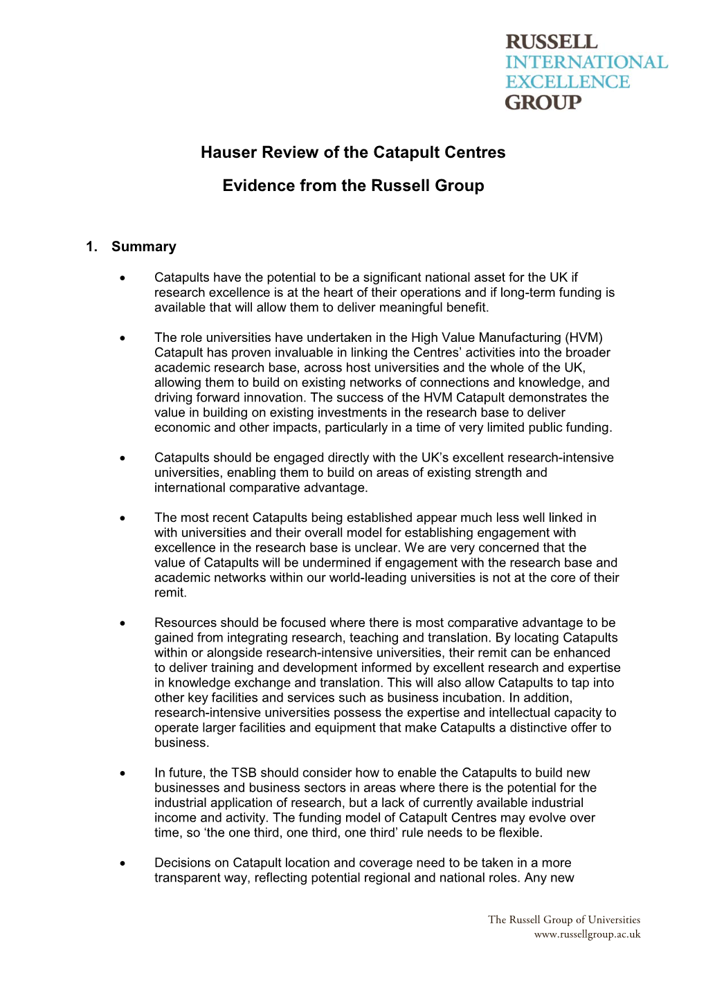 Hauser Review of the Catapult Centres Evidence from the Russell